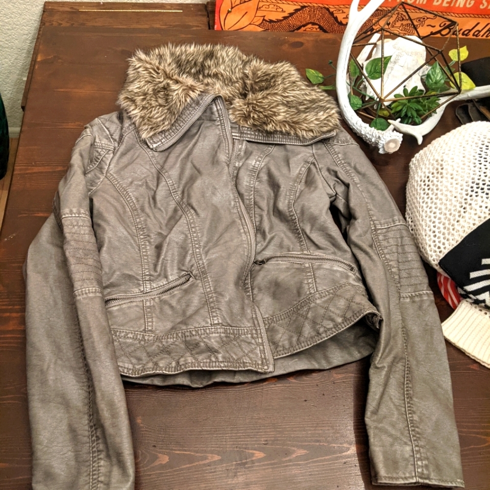 Leather-ish jacket with fur collar